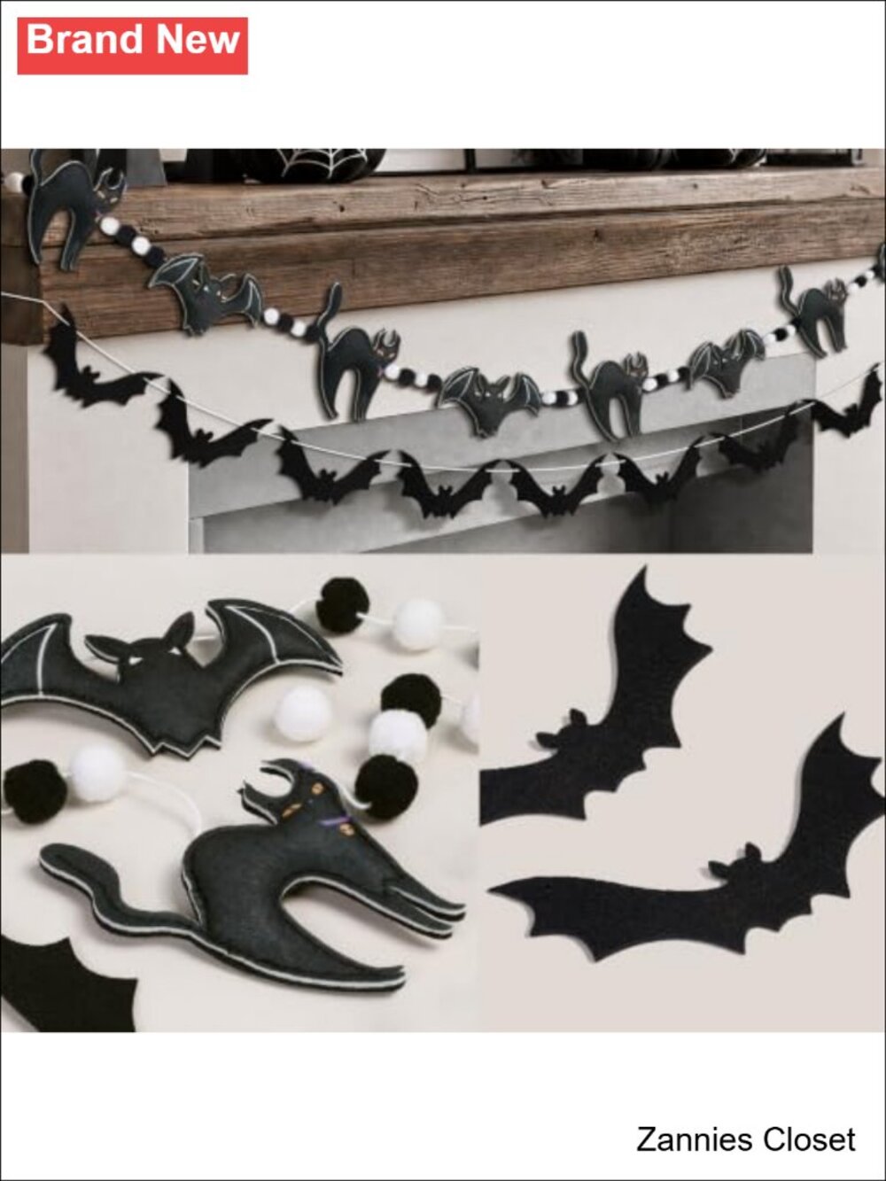 👻 2-Pack Halloween Felt Bat & Cat Garland 8ft Pre-Strung 3D Stuffed Banner